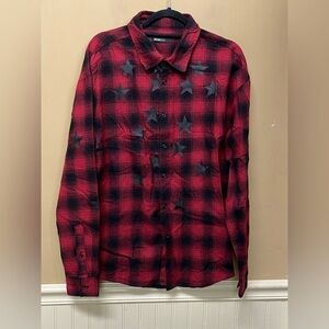 Nova Men Red Plaid Star Print Button Up Shirt Size S NWT